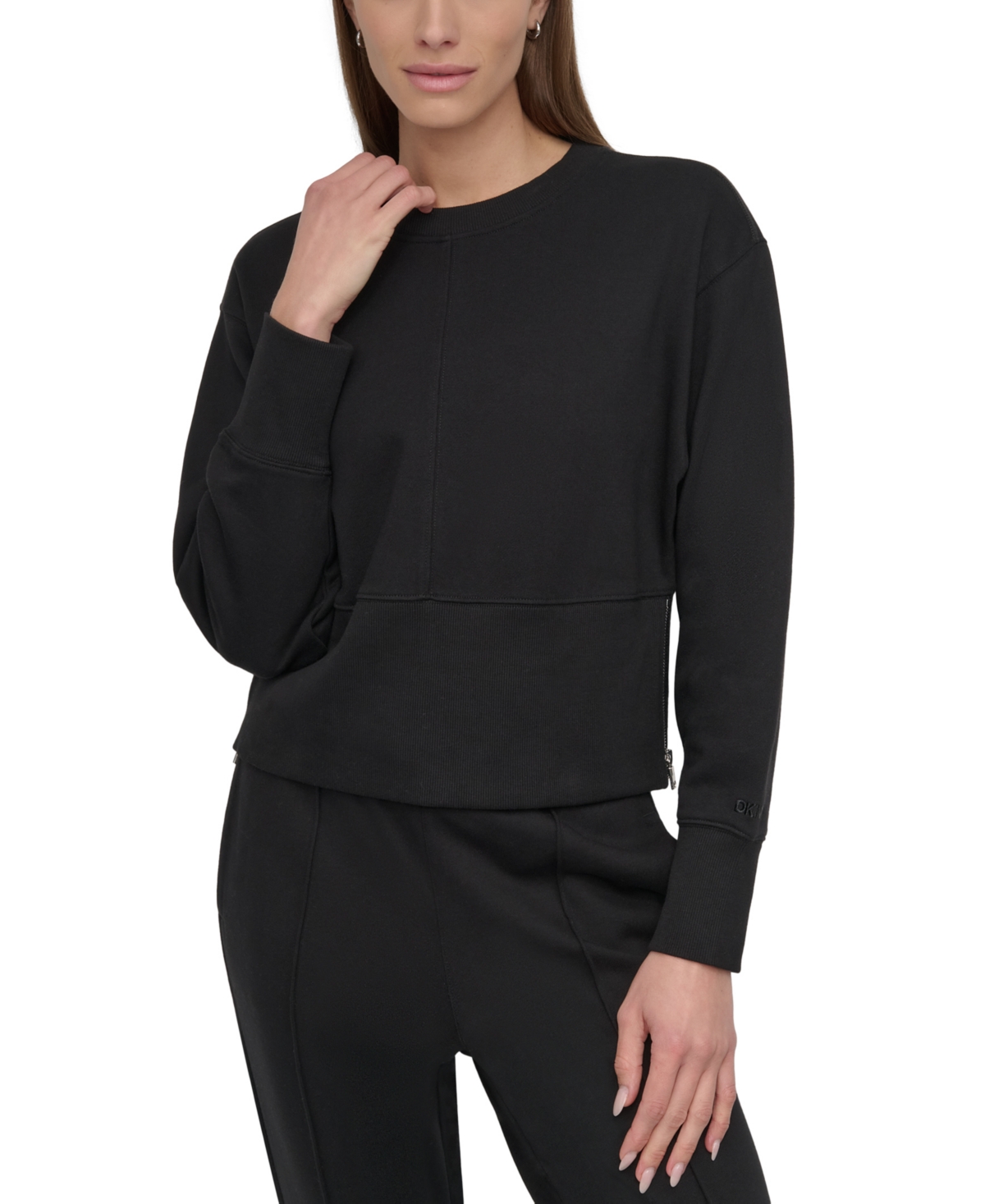 Dkny Sport Women's Cropped Crewneck Side-zip Sweatshirt In Black