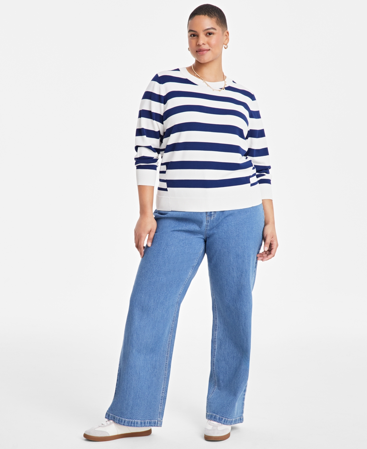 ON 34TH TRENDY PLUS SIZE STRIPED PULLOVER SWEATER, EXCLUSIVELY AT MACY'S 