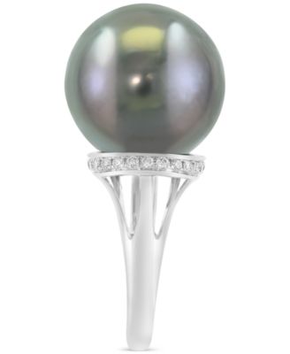 EFFY&reg; Cultured Black Tahitian Pearl (13mm) & Diamond (1/8 ct. t.w.) Ring in 14k White Gold