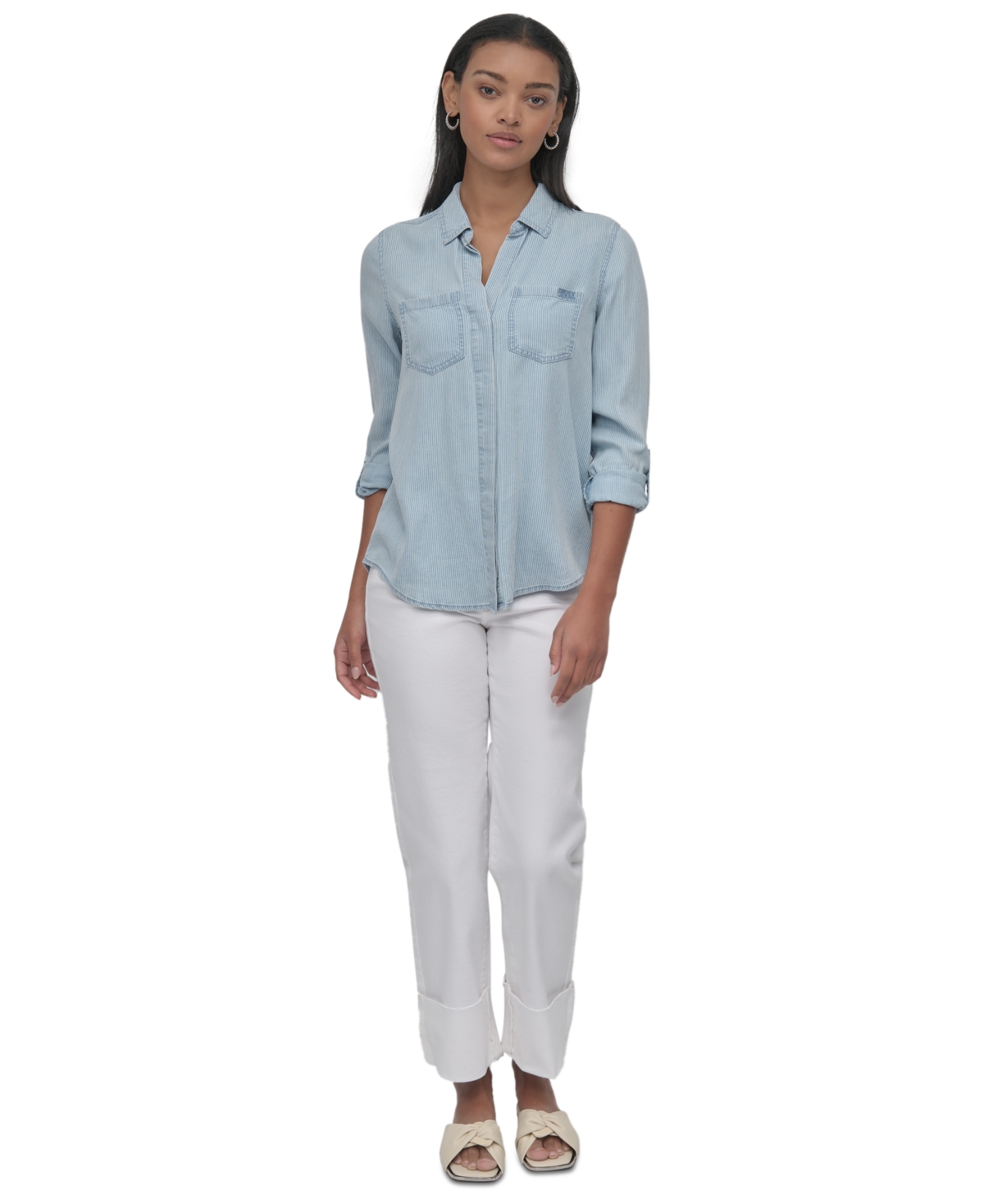 DKNY JEANS WOMEN'S ROLL-TAB-SLEEVE BUTTON-FRONT SHIRT 