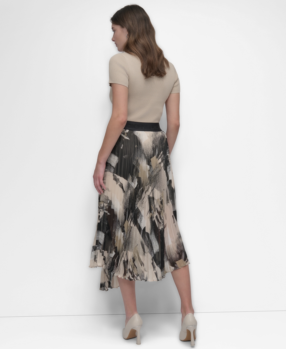 Dkny Print Pleated Asymmetric Midi Skirt In Skyln Colge Blk