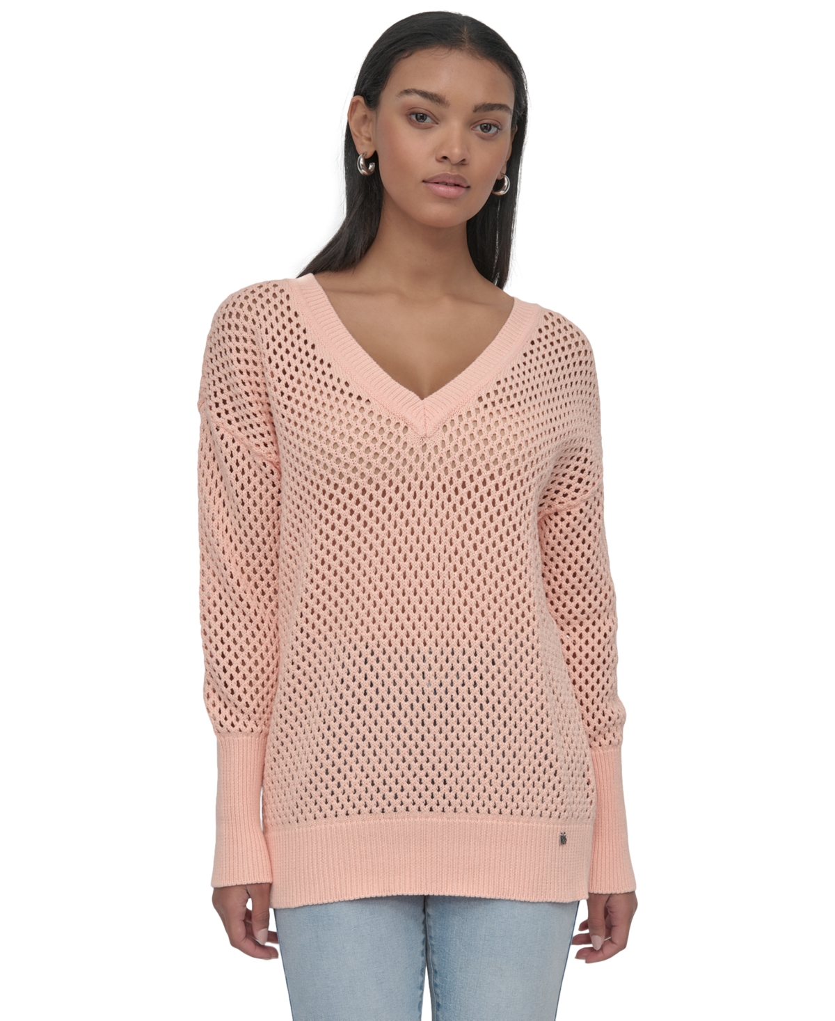 DKNY JEANS WOMEN'S COTTON OPEN-KNIT V-NECK SWEATER 