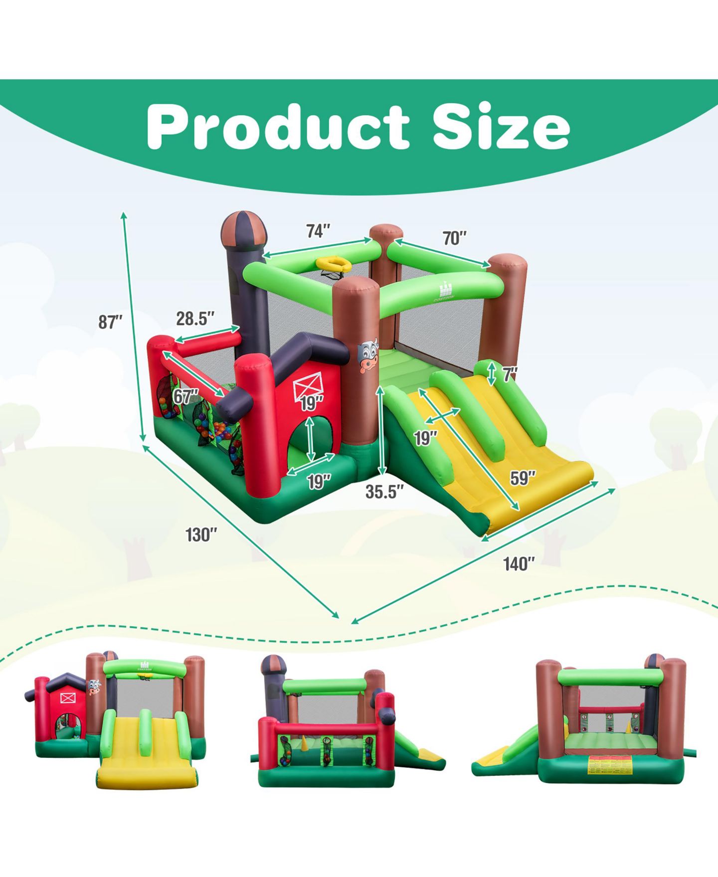 Детские игрушки Costway Farm Themed Inflatable Bounce House with Double Slides and Ball Pit, 140"L x 130"W x 87"H, от 3 лет, цвет: Зелёный — фото 2