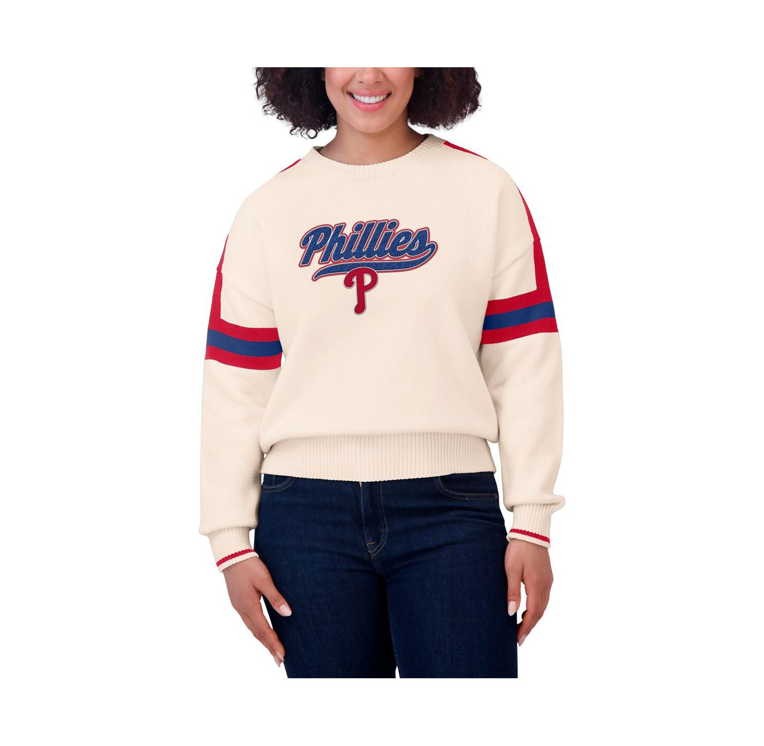 Women's Cream Philadelphia Phillies Stripe Pullover Sweater