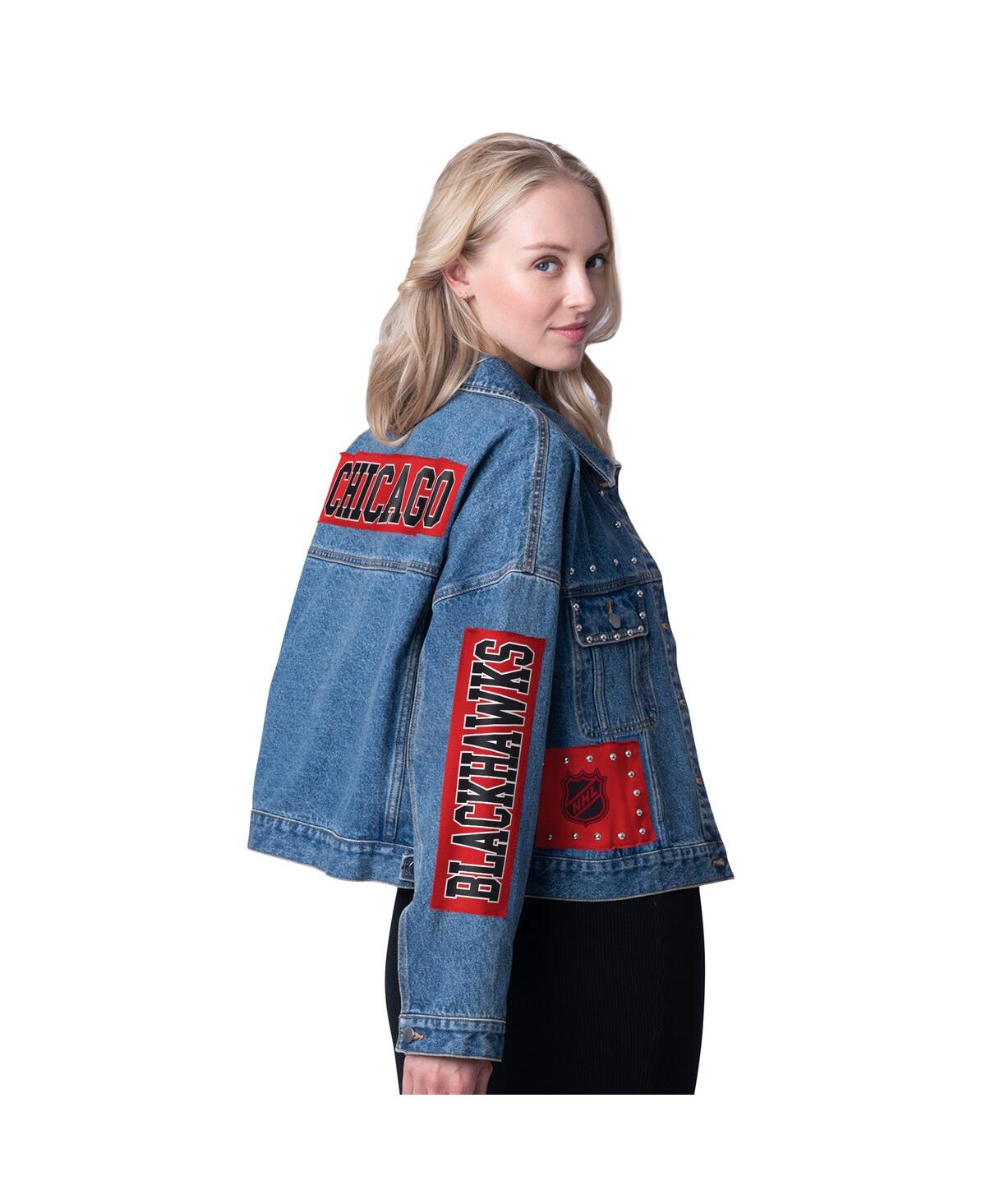 G-III 4HER BY CARL BANKS WOMEN'S CHICAGO BLACKHAWKS GAME BALL CROPPED BUTTON-UP DENIM JACKET 