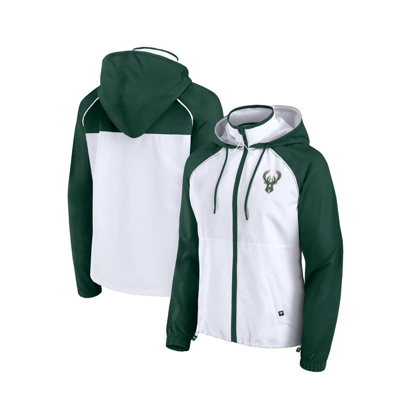 Женская куртка Fanatics White/Hunter Green Milwaukee Bucks Anorak Raglan Full-Zip Hoodie Jacket — фото 1