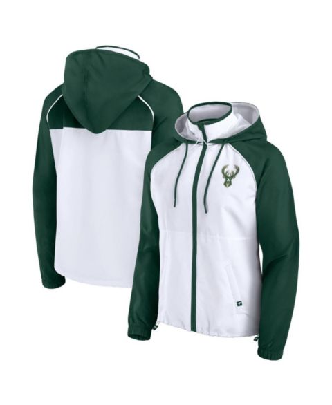Женские худи Fanatics Women's White/Hunter Green Milwaukee Bucks Anorak Raglan Full-Zip Jacket