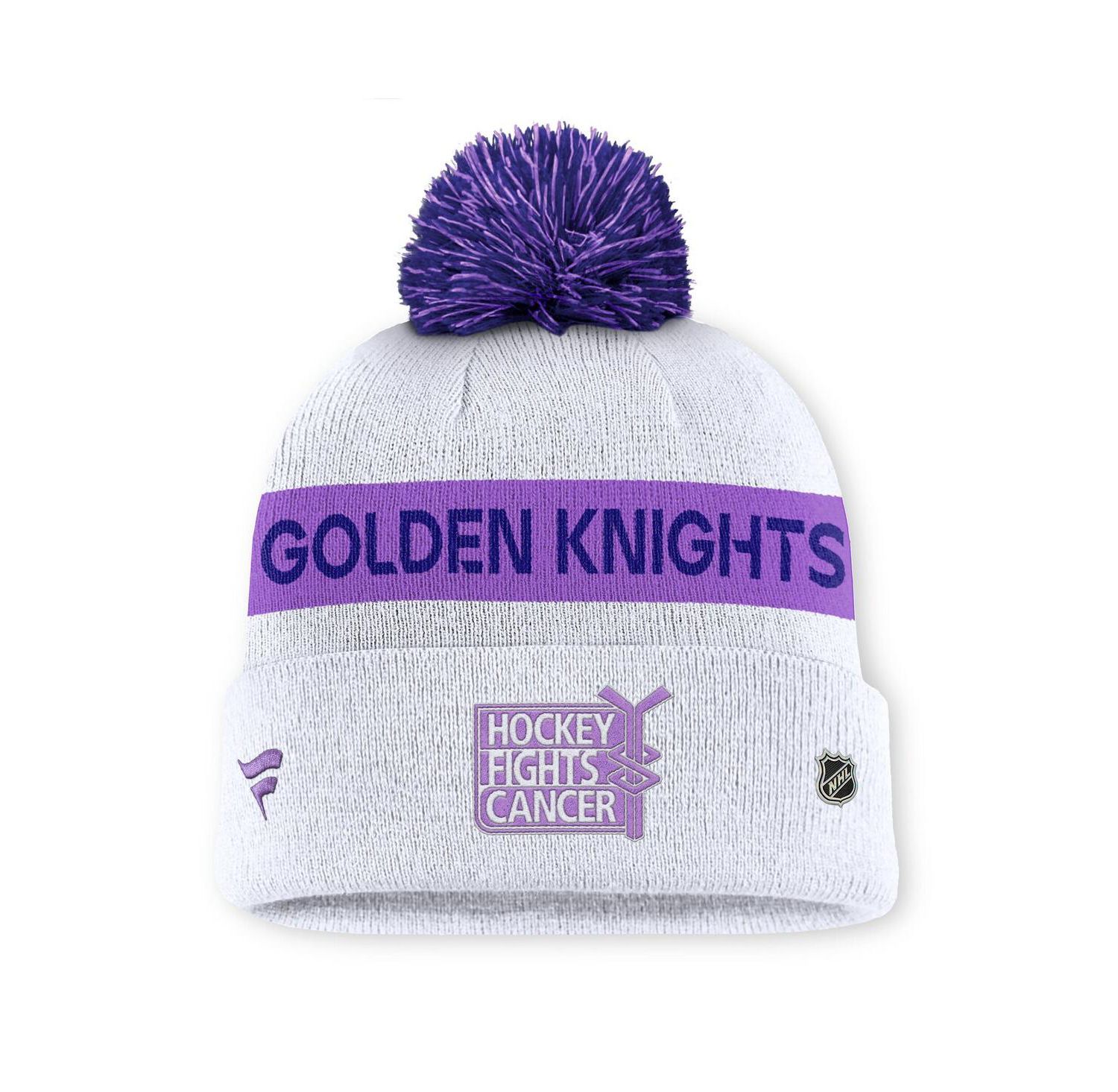 Men's White Vegas Golden Knights Hockey Fights Cancer Cuffed Knit Hat with Pom