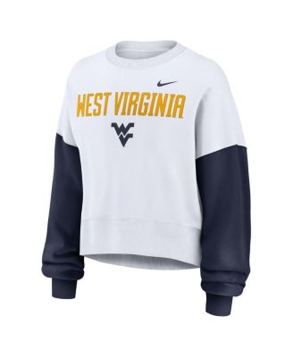 Women's White West Virginia Mountaineers Color-Block Oversized Cropped Pullover Sweatshirt