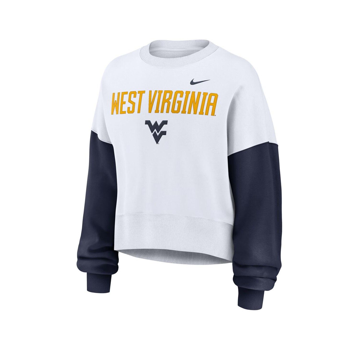Women's White West Virginia Mountaineers Color-Block Oversized Cropped Pullover Sweatshirt