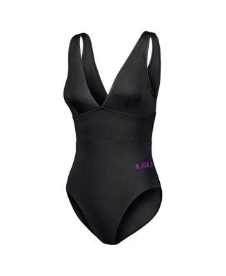 Women's Black LSU Tigers Palm Modern V-Neck One-Piece Swimsuit