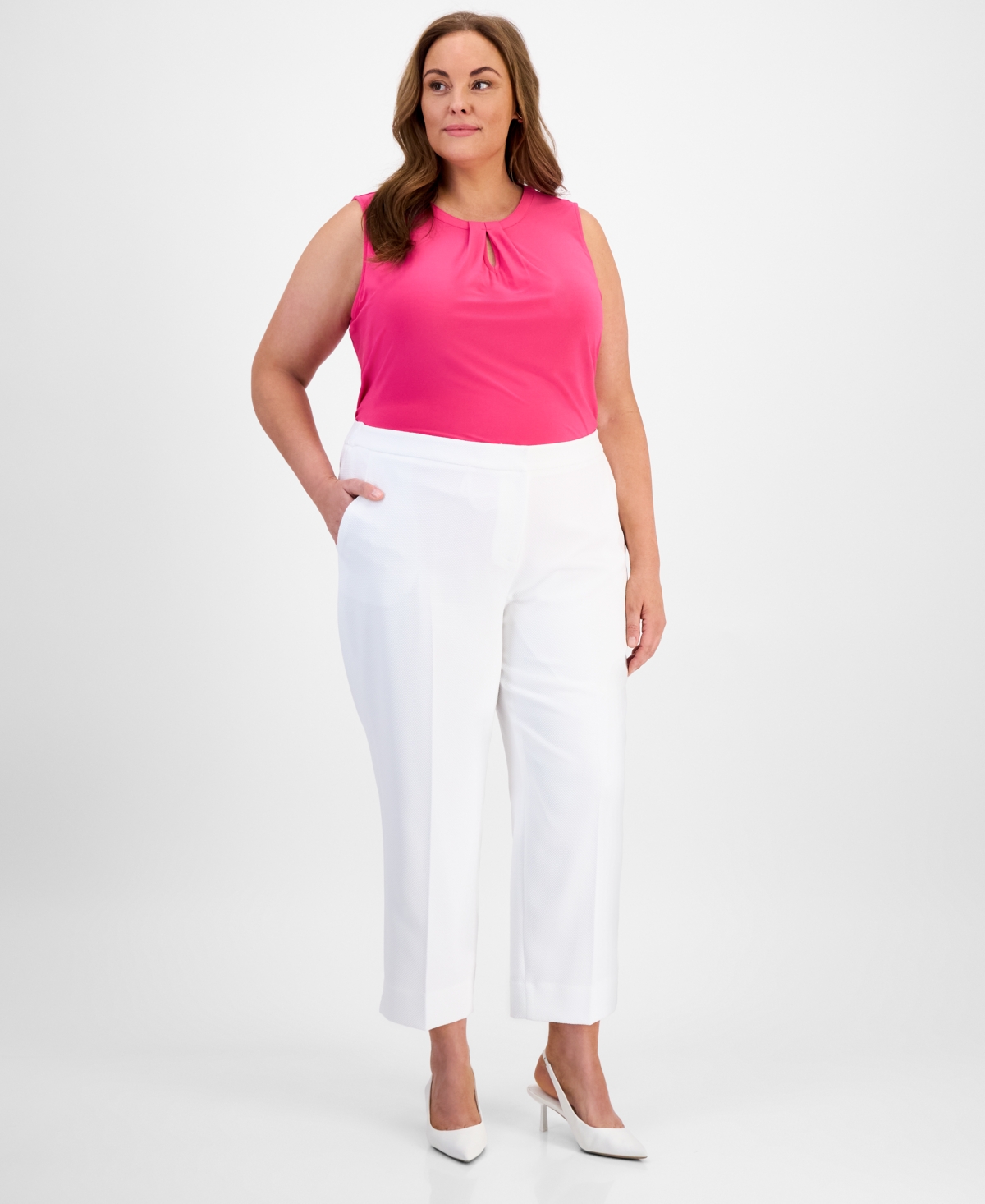 Plus Size Textured Elastic-Back Side-Slit Pants - White Lily