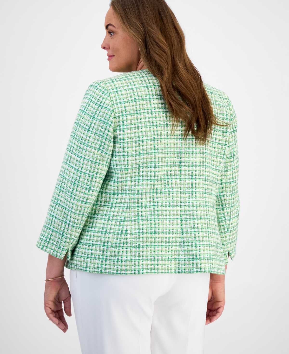 Kasper Plus Size Tweed Open-front Blazer In Spring Green Multi
