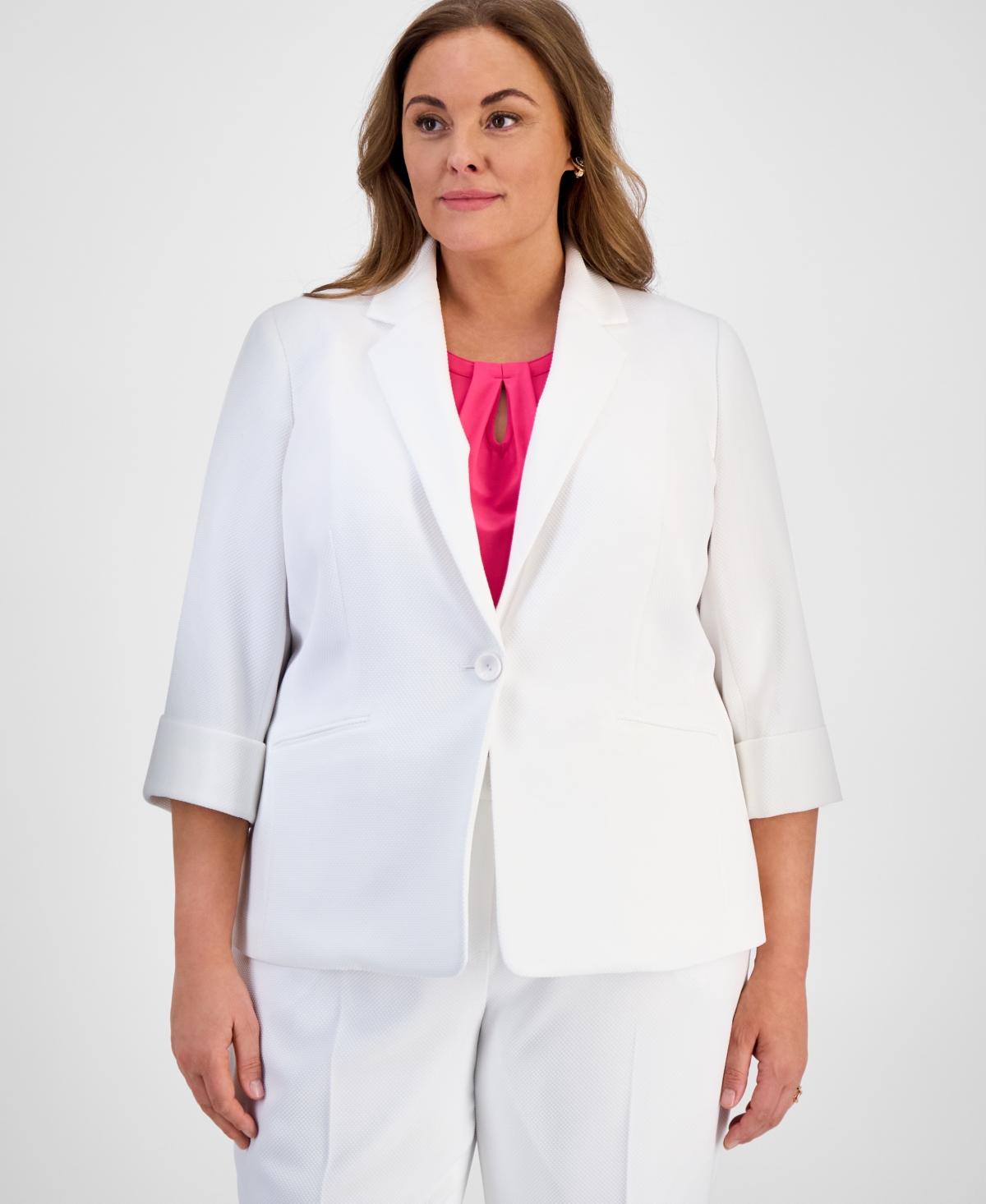 Kasper Plus Size One-button Cuffed-sleeve Jacket In Lily White