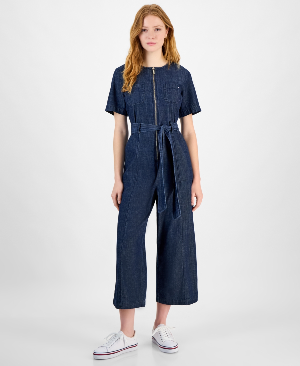 Tommy Hilfiger Women's Denim Zip-front Belted Jumpsuit In Dark Benson