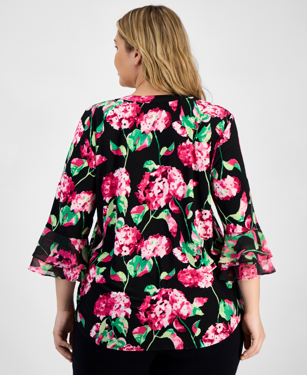 Kasper Plus Size Floral-print Flutter-sleeve Top In Black Multi