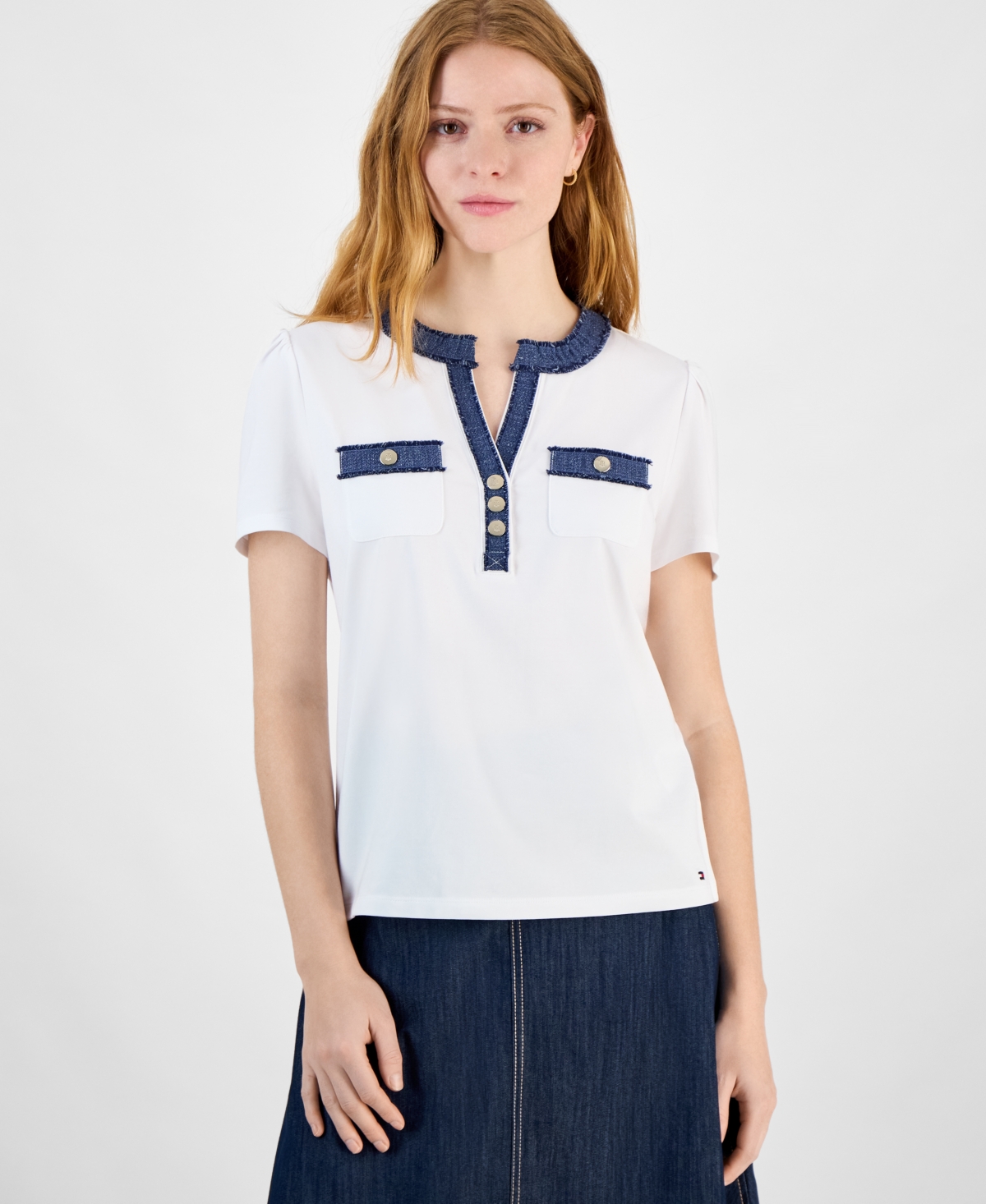 TOMMY HILFIGER WOMEN'S DENIM-TRIM SPLIT-NECK KNIT TOP 