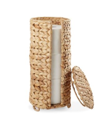 Toilet Paper Roll Holder with Lid - Espresso, Fits 3 Rolls, Free Standing Water Hyacinth Bath Tissue Storage Organizer for Bathroom