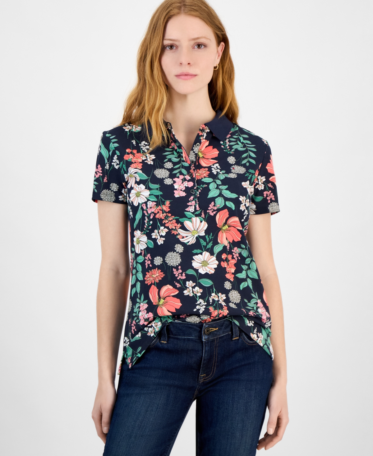 Tommy Hilfiger Women's Floral-print Polo Shirt In Blue