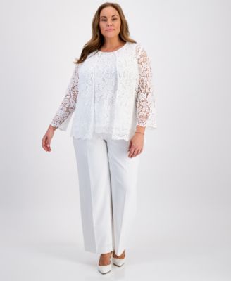 Plus Size Lace Open Front Cardigan Lace Front Sleeveless Knit Top Crepe Pants