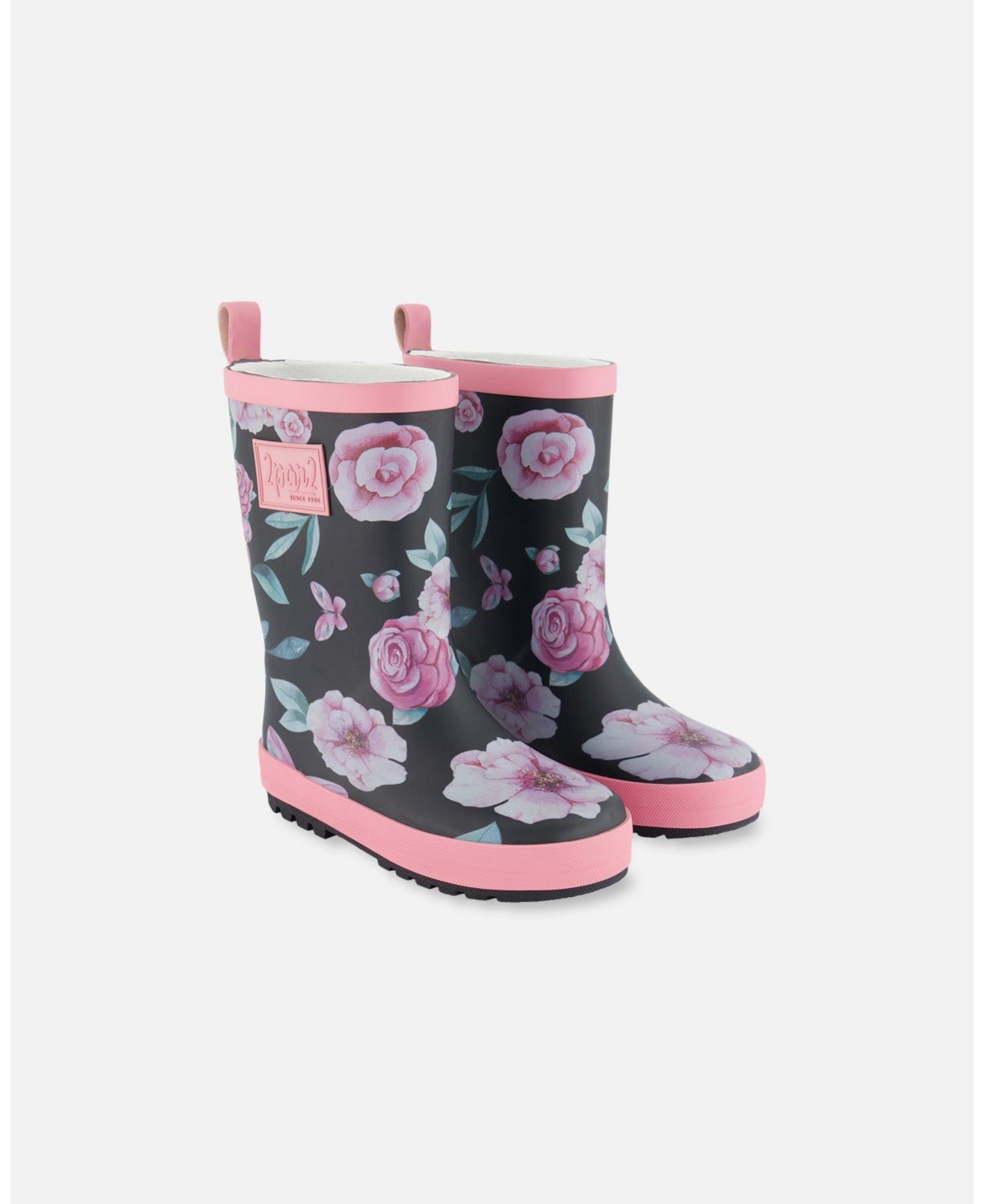 Deux par Deux Little Girls Printed Rain Boots Pink, Black, And Flowers - Pink, black, and flowers
