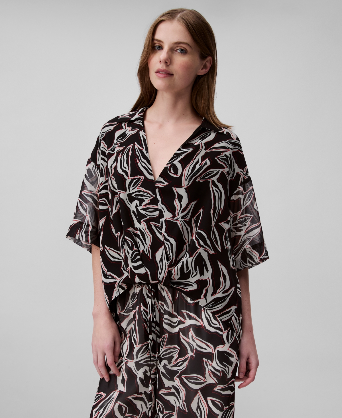 Women's Printed V-Neck Faux-Wrap Blouse - Black