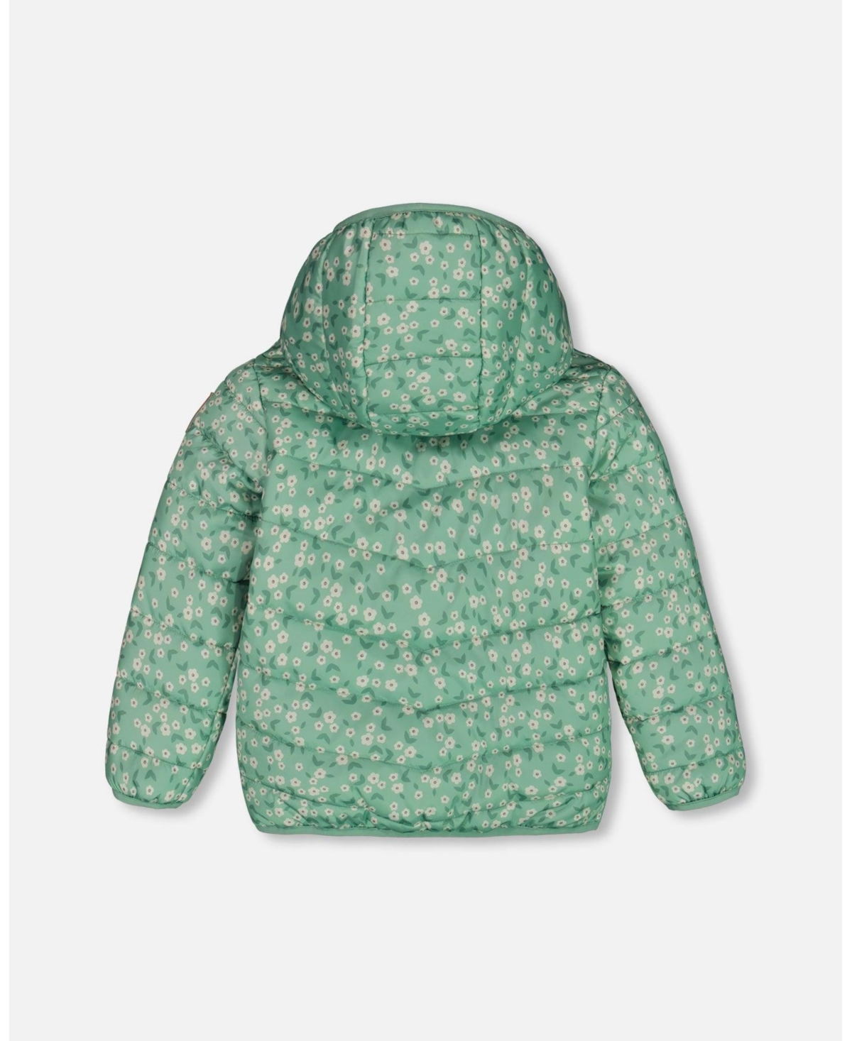 Deux par Deux Toddler Girls Printed Quilted Mid-Season Jacket Small White Flowers On Sage Green Background - Toddler|Child
