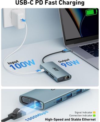 USB C Hub with 4k HDMI, 9-in-1 USB C to Ethernet Adapter, 5Gbps USB-A 3.0 Docking Station, PD 100W Charging, SD Card Reader, USB to VGA Splitter for MacBook, acer, Laptops, Surface and More