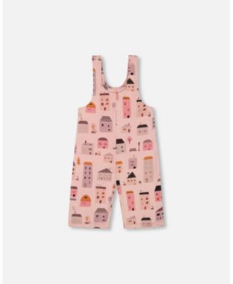 Toddler Girls Printed French Terry Overalls Pink And Coral Houses - Toddler|Child
