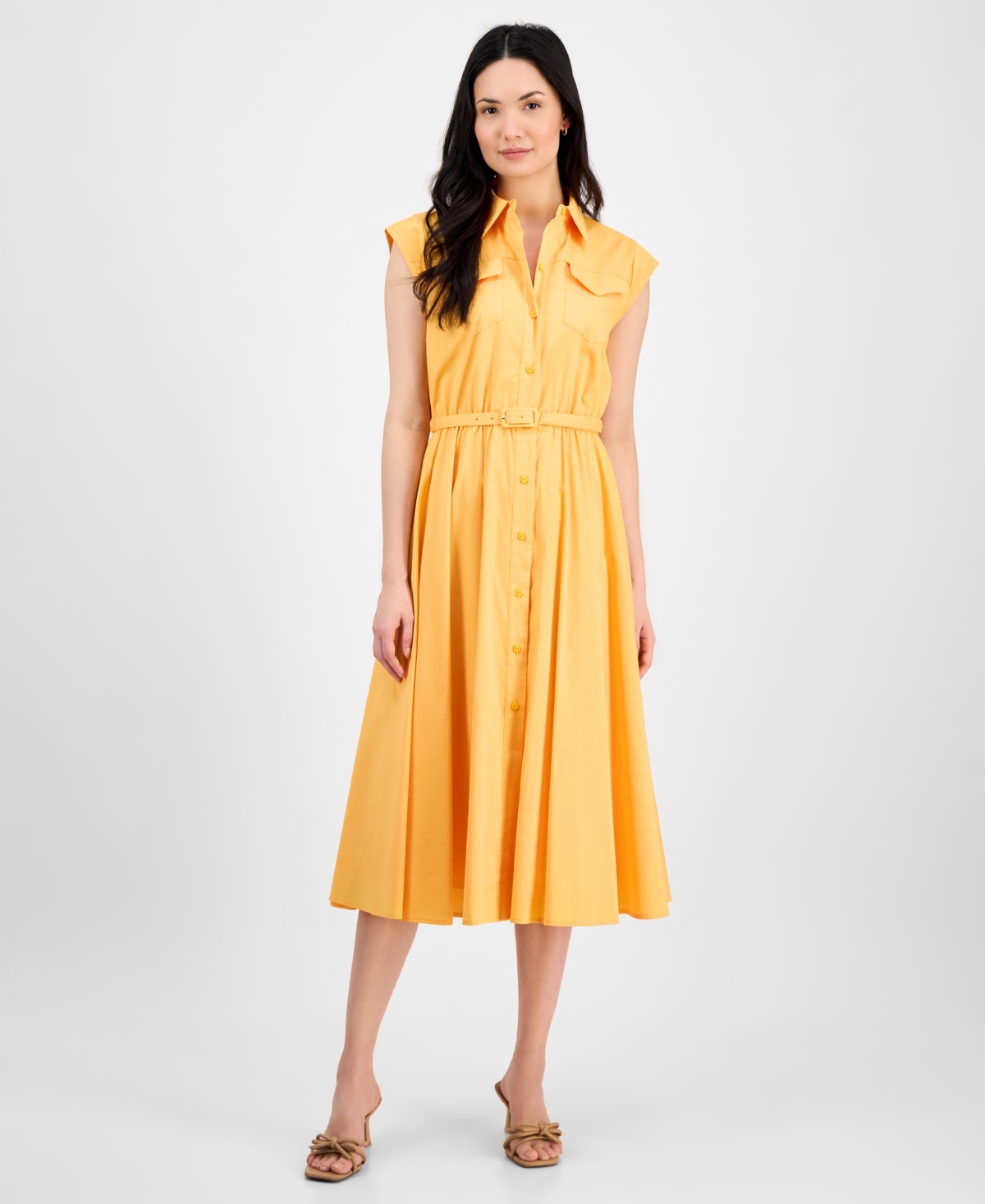 T Tahari Women's Spread-collar Button-front Midi Dress In Mango Slice