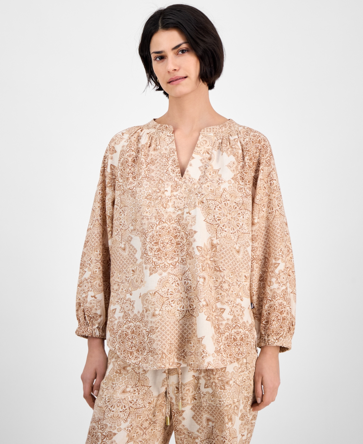 Women's Tile-Print Linen-Blend Blouse - Parchment Multi