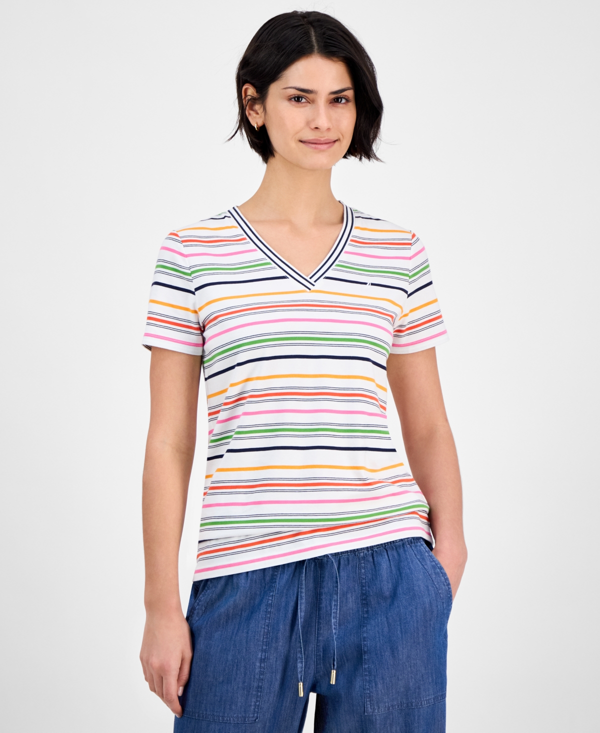 Women's Striped V-Neck T-Shirt - Bright White Multi