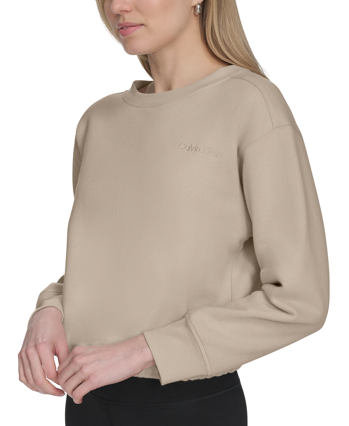 Calvin Klein Women's Logo Fleece Bubble Hem Top In Porcini