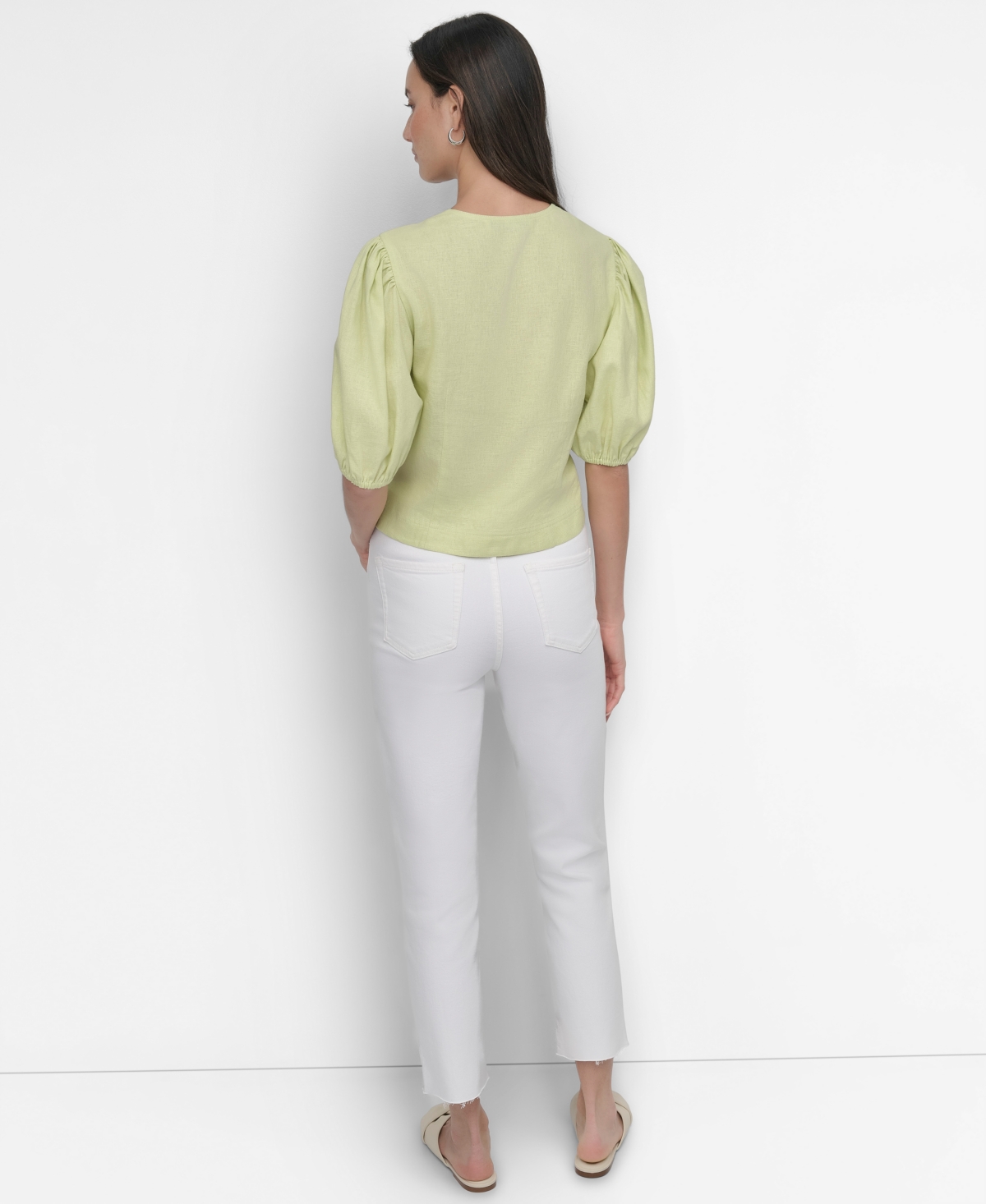 Shop Dkny Women's Zip-front Puff-sleeve Scoop-neck Top In Tea Green