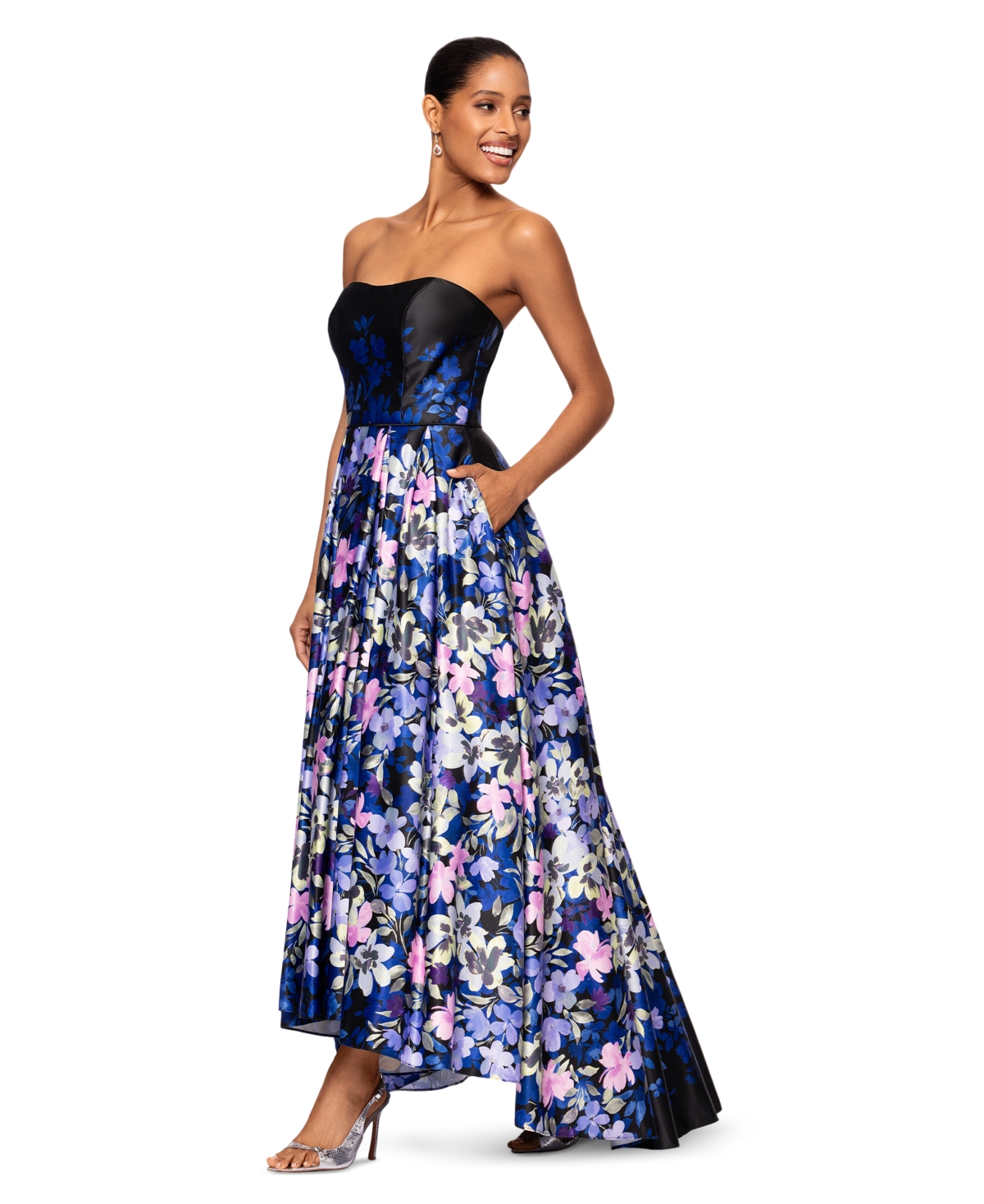 Betsy & Adam Women's Floral-print Strapless Ball Gown In Black,blue