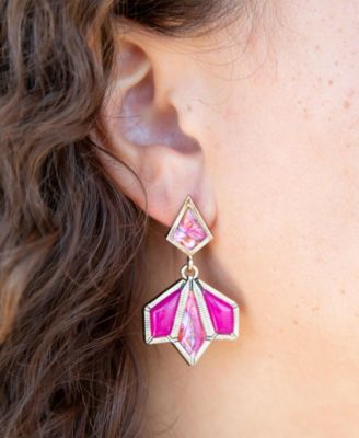 Genuine Pink Agate and Pink Coral Matrix Golden Kite Drop Earrings