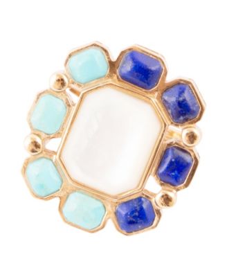 Dual Color Blue Lapis Turquoise and White Mother of Pearl Golden Octagon Ring
