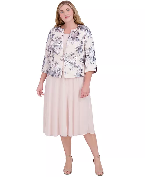 plus size 3/4-sleeve jacket & sleeveless midi dress