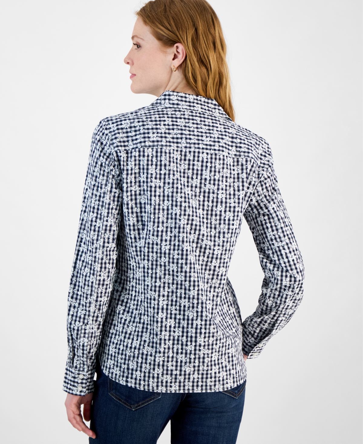 Tommy Hilfiger Women's Floral Gingham Cotton Shirt In Sky Captain,bright White