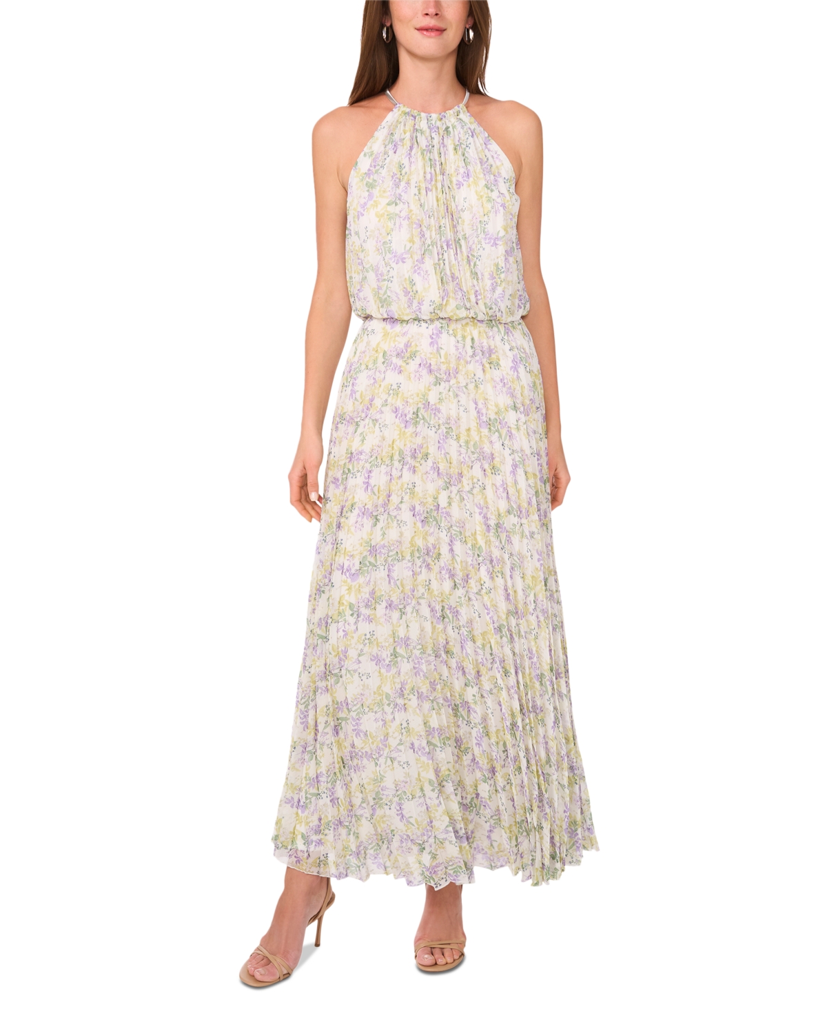 Women's Bloused-Waist Pleated Floral-Print Dress - Ivory