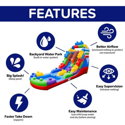 HeroKiddo Block Party Commercial Grade Inflatable Water Slide with Attached Pool /  Drainage / Air Blower Included, Outdoor Indoor, Rental Quality, Big Inflatable