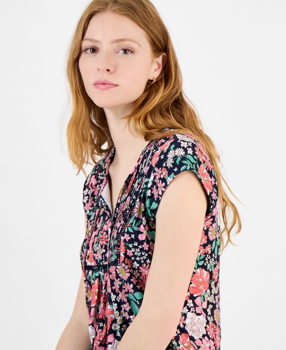 Shop Tommy Hilfiger Women's Tie-neck Pintuck-front Top In Sky Capt Multi