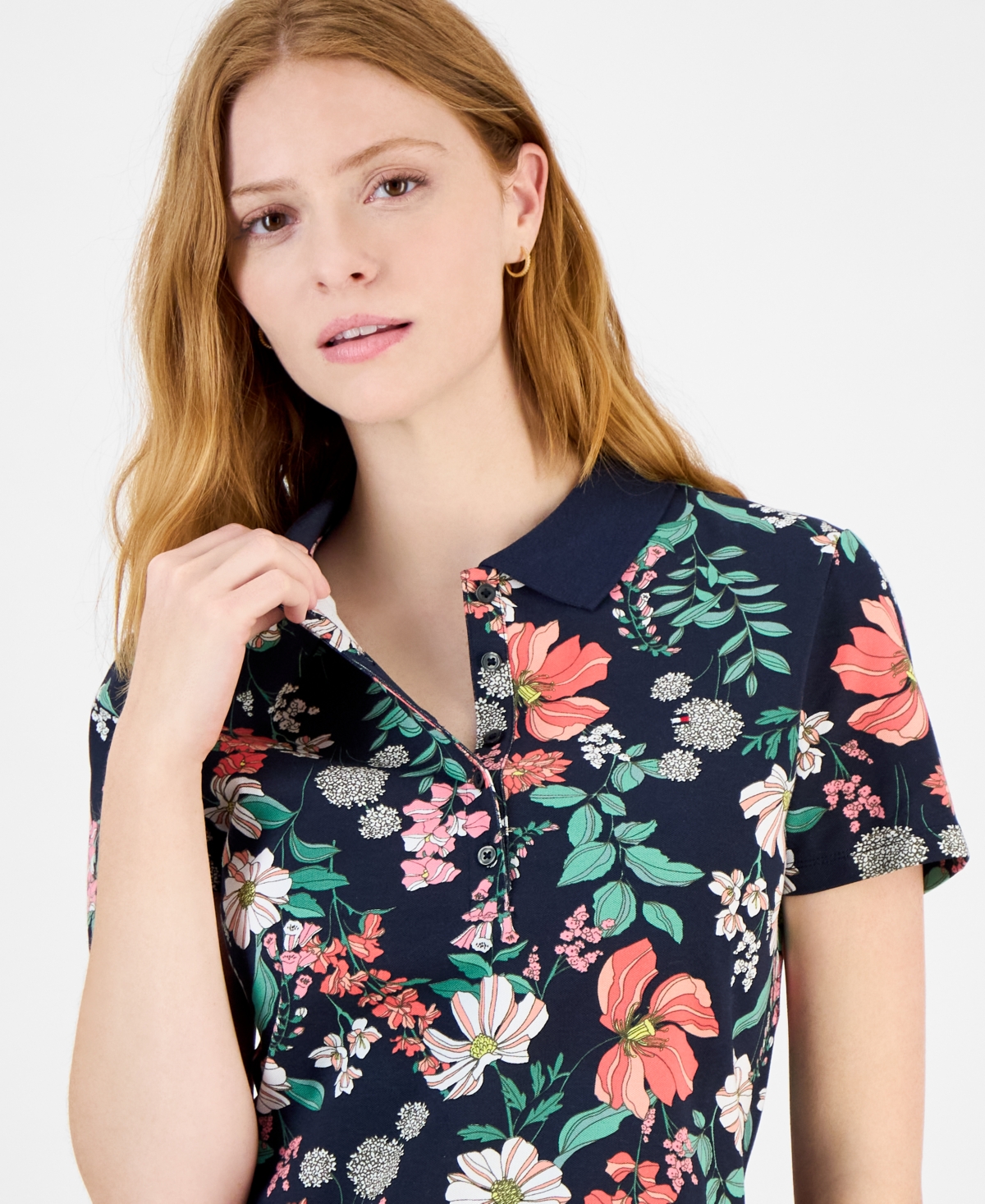 Tommy Hilfiger Women's Floral-print Polo Shirt In Blue