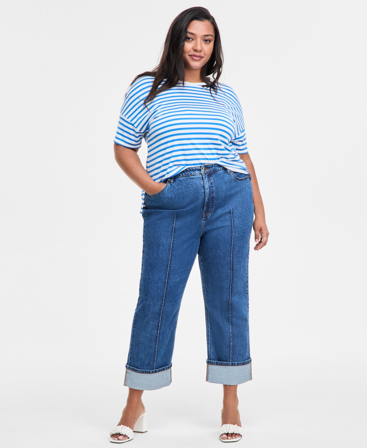 Trendy Plus Size High-Rise Cuffed Straight-Leg Jeans, Exclusively at Macy's - Dark Wash
