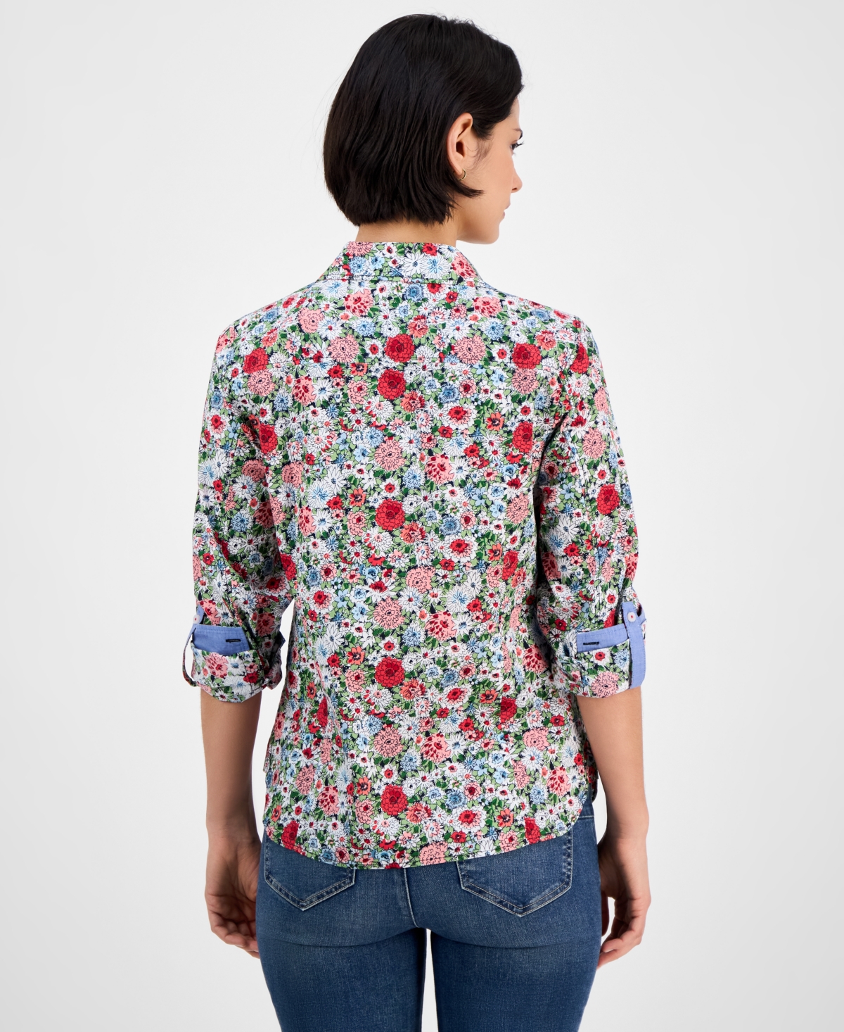 Nautica Jeans Women's Floral-print Cotton Roll-tab Shirt In Bloom Multi
