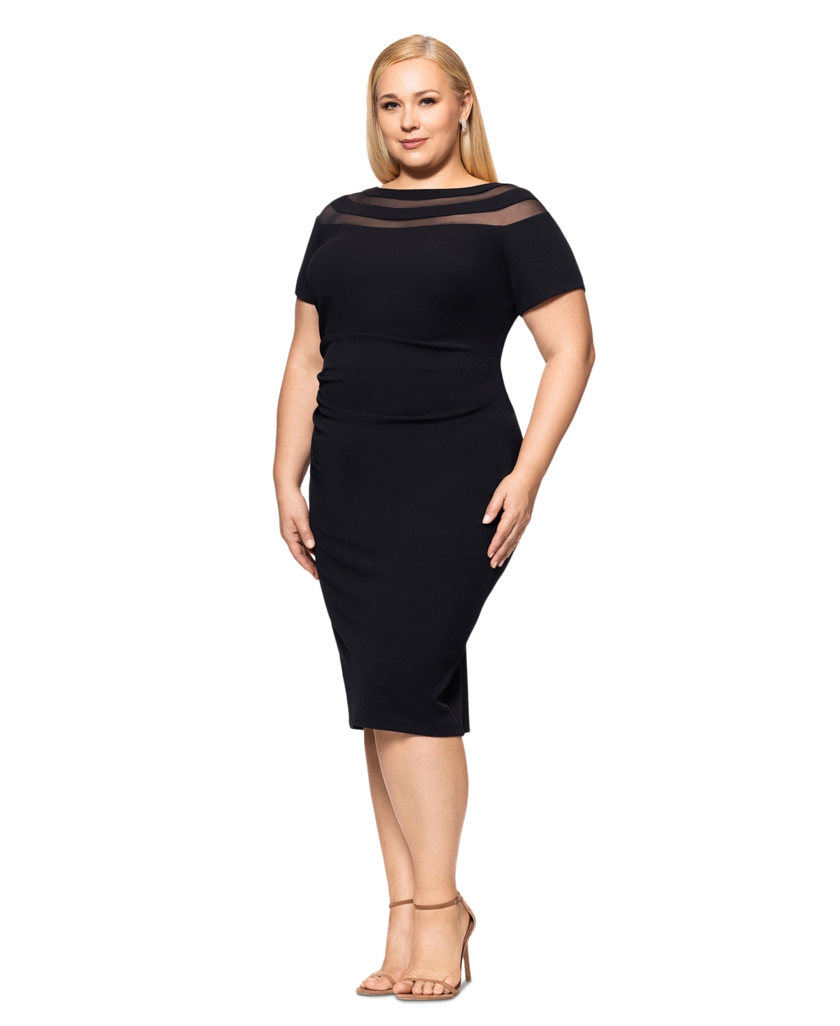 Xscape Plus Size Illusion Stripe Short-sleeve Sheath Dress In Black