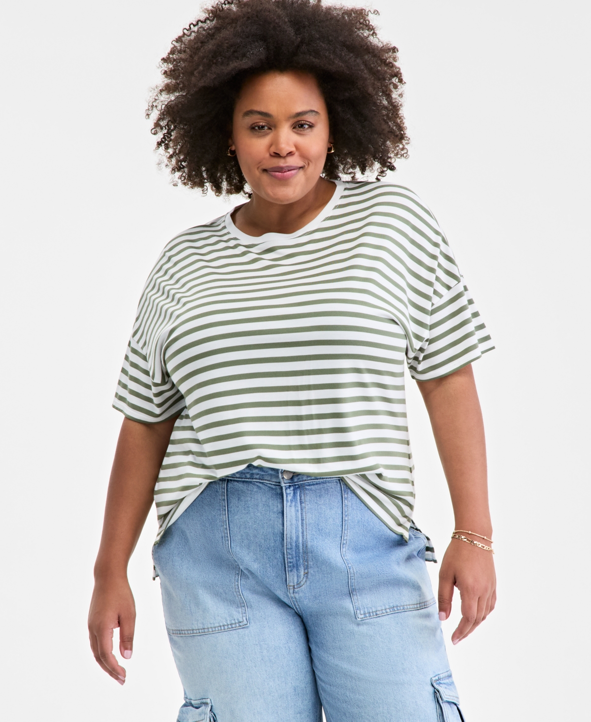 Trendy Plus Size Striped Easy T-Shirt, Exclusively at Macy's - Beach Blue