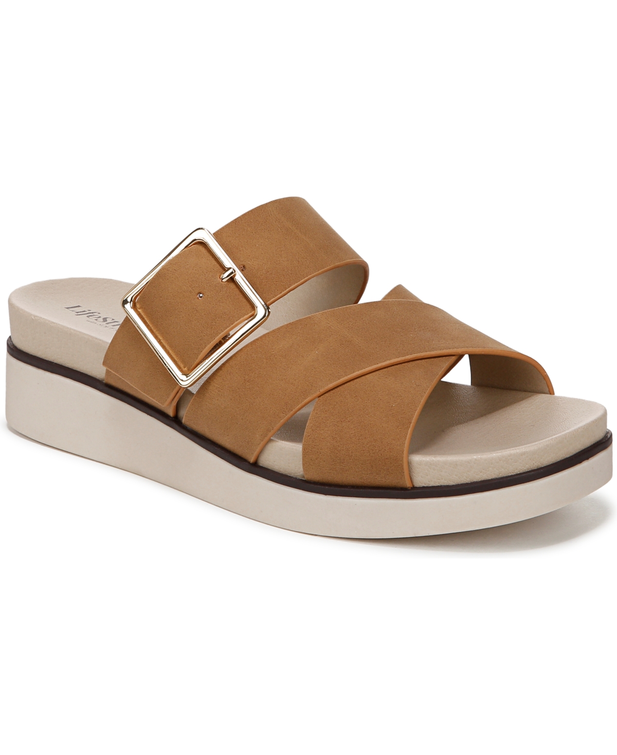 Shop Lifestride Women's Getaway Open Square Toe Platform Slide Sandals In Tan Faux Leather