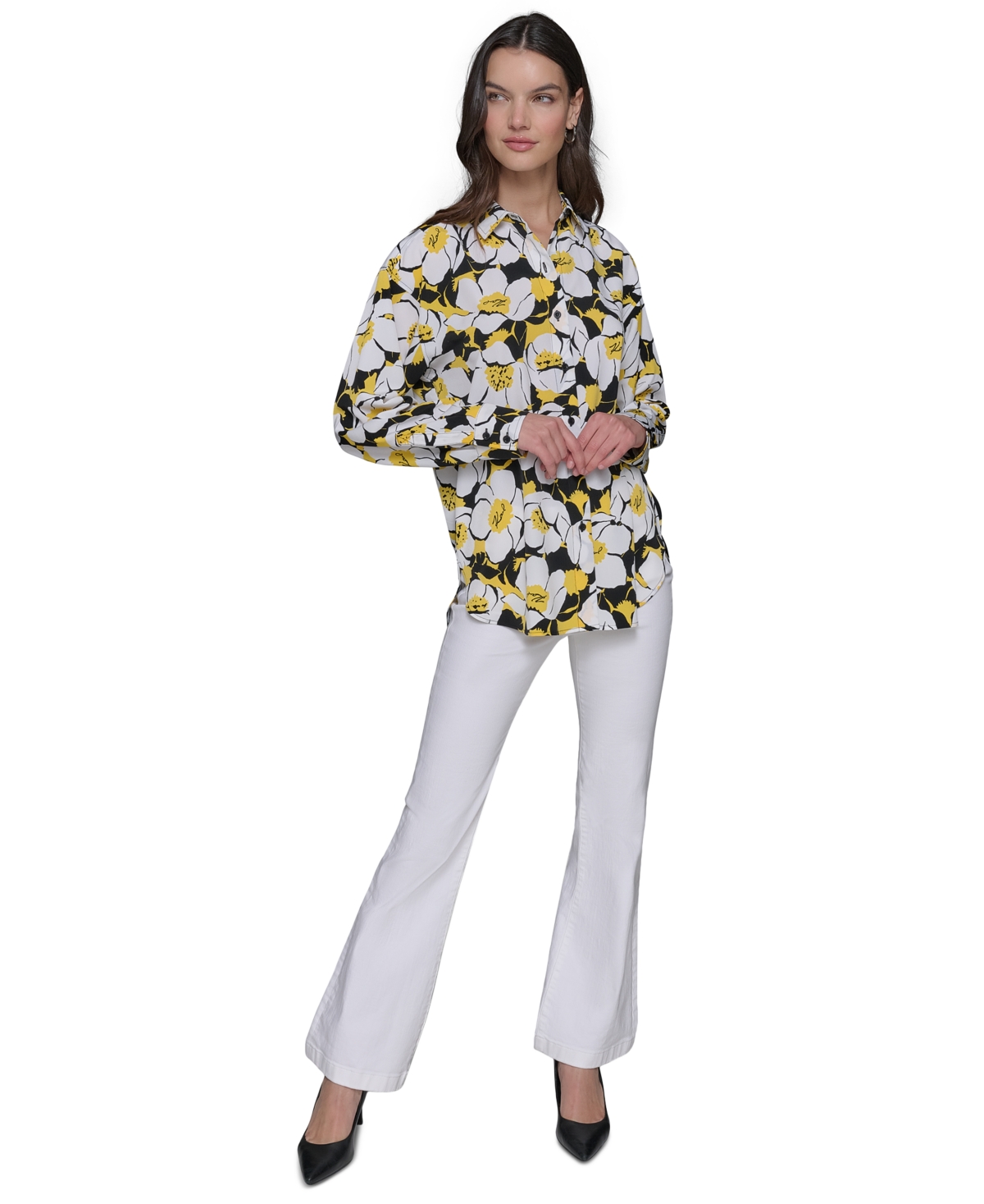 Shop Karl Lagerfeld Women's Printed Oversized Button-front Top In Daffodil Floral