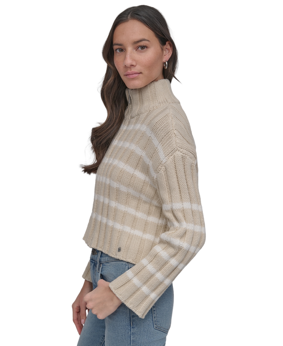 Shop Dkny Jeans Women's Cotton Mock-neck Zip-up Cardigan In Kxy - Ltct Kh,ivory